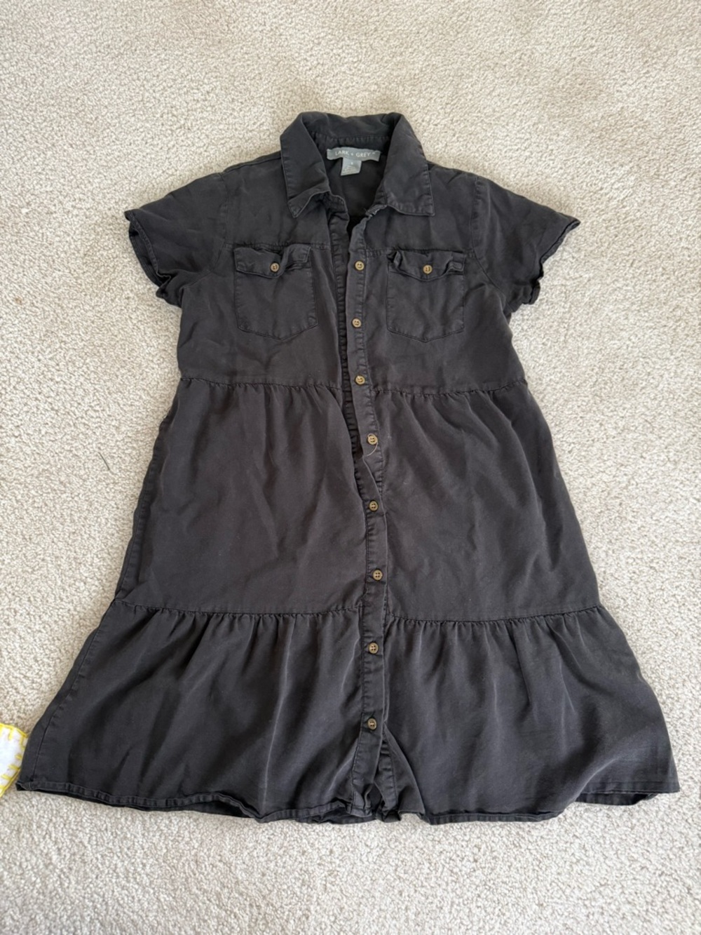 Black Short-Sleeve Button-Front Tiered Mini Dress